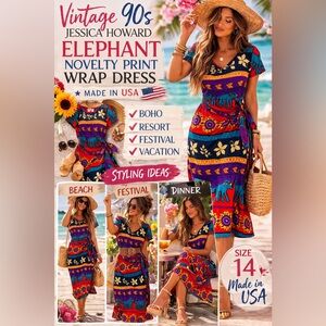 Vintage 90s Jessica Howard Elephant Sunflower Print Wrap Dress Boho Safari Novel